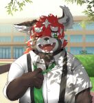  2021 ailurid anthro black_body clothing cute_fangs detailed_background hi_res kemono lifewonders male mammal maysnowos necktie one_eye_closed outside overweight overweight_male plant red_body red_panda shirt solo suspenders tokyo_afterschool_summoners topwear tree video_games white_body zhurong_(tas) 