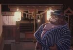  2021 anthro asian_clothing belly brown_body clothing detailed_background east_asian_clothing eyewear hat headgear headwear hi_res japanese_clothing kemono kentachen27 male mammal monocle moobs nipples outside overweight overweight_male solo ursid yukata 