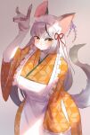  2021 5_fingers anthro apron asian_clothing big_breasts blush breasts canid canine claws clothed clothing ear_piercing east_asian_clothing female finger_claws fingers fox fox_shadow_puppet frilly frilly_clothing fur gesture grey_body grey_fur grey_hair hair hi_res huge_breasts japanese_clothing kemono looking_at_viewer maid_headdress maid_uniform mammal onikuman piercing silver_hair solo uniform white_body white_fur yellow_eyes 