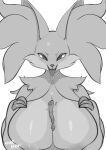  2021 anthro breast_play breasts canid canine claws delphox digital_media_(artwork) female front_view hi_res looking_at_viewer mammal monochrome nintendo nipples pok&eacute;mon pok&eacute;mon_(species) rabbitbrush shaded simple_background smile tongue tongue_out video_games white_background 
