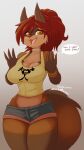  anthro big_ears big_tail bottomwear chain_collar clothing clothing_pull collar curvy_figure cutoffs denim denim_clothing dialogue erect_nipples facial_markings fangs female hair head_markings hourglass_figure innuendo lapinstein mammal marianne_(avencri) markings mask_(marking) midriff nipples ponytail procyonid raccoon red_hair shirt shirt_pull shorts solo talking_to_viewer the_eye_of_ramalach thick_thighs tight_clothing tight_topwear topwear topwear_pull webcomic 