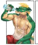  4_fingers abs anthro asian_mythology beverage biceps black_claws black_nose blonde_hair bodily_fluids bottle claws clothed clothing countershade_arms countershade_face countershade_legs countershade_tail countershade_torso countershading digital_media_(artwork) dragon drinking east_asian_mythology eastern_dragon fingers green_body green_scales green_skin hair hi_res horn male meme multicolored_body multicolored_ears multicolored_scales muscular muscular_anthro muscular_male mythology nipples orange_sclera pecs pink_nipples ratcatcher red_clothing reptile scales scalie shirt shirt_cut_meme simple_background solo sweat sweatdrop tail_tuft tan_body tan_countershading tan_scales tan_skin tank_top teeth topwear translucent translucent_clothing tuft two_tone_body two_tone_ears two_tone_scales two_tone_tail water wet wet_clothing white_background white_eyes 