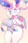  anthro anthrofied big_breasts breasts clothed clothing curvy_figure eeveelution female fur hi_res nintendo nipple_outline okiai_umi pink_body pink_fur pok&eacute;mon pok&eacute;mon_(species) pok&eacute;morph solo standing sylveon thick_thighs video_games voluptuous wide_hips 