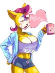  anthro big_breasts bottomwear breasts cleavage clothed clothing container cup domestic_cat eyebrows felid feline felis female hair hi_res luaudrey mammal midriff monique_pussycat pink_hair raised_eyebrow shorts solo super_fuck_friends 