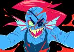  2020 animal_humanoid black_background blood bodily_fluids ear_frill eye_patch eyewear female fish fish_humanoid frill_(anatomy) hair hi_res humanoid laugh luaudrey marine marine_humanoid red_hair scar sharp_teeth simple_background solo teeth undertale undertale_(series) undyne video_games 