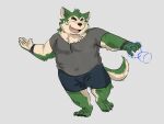  4:3 canid canine canis cifer_thorn clothing dancing disembodied_hand domestic_dog duo eyebrows fur green_body green_fur hi_res lifewonders live-a-hero male mammal mokdai obese overweight shirt t-shirt thick_eyebrows topwear video_games 