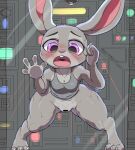  against_surface anthro bottomless breasts censor_bar censored cleavage clothed clothing cottontail disney female genitals hi_res ineffective_censorship judy_hopps lagomorph leporid mammal on_glass pussy rabbit short_stack small_breasts solo thick_thighs wide_hips zootopia 