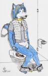  2021 anthro blue_body breasts canid canine clothing feces female filth filthy fox fur hair hi_res jewelry krystal mammal necklace nintendo open_mouth pooping rockcoons scat smile solo star_fox tagme text toilet_use tongue tongue_out video_games watermark 