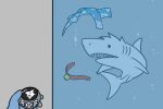  after_transformation anthro anthro_to_feral clothing collar duo feral fish hacony male marine shark shirt simple_background solo_focus topwear transformation underwater water white_body 