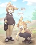  anthro arm_tuft blurred_background bottomwear cheek_tuft choreudaga clothed clothing crouching day detailed_background dialogue digital_media_(artwork) duo elbow_tufts facial_tuft female floppy_ears fur hair hi_res hoodie korean_text lagomorph leporid looking_at_another lop_ears male male/female mammal multicolored_body multicolored_fur open_mouth outside pants plastic_bag rabbit shirt shorts tan_body tan_fur text topwear translation_request tuft white_body 
