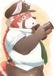  10_cosmo_24 2021 ? ailurid anthro black_body black_nose bottomwear camera clothing fur hat headgear headwear hi_res humanoid_hands kemono lifewonders male mammal necktie overweight overweight_male pants red_body red_fur red_panda shirt simple_background solo tokyo_afterschool_summoners topwear video_games white_body zhurong_(tas) 