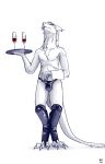  absurd_res alcohol anthro avie aviesergal beverage bulge clothing container cup drinking_glass glass glass_container glass_cup hi_res latex_clothing latex_legwear latex_stockings male rubber rubber_thigh_highs rubber_thong sergal servant solo thong underwear waiter waiter_tray wine wine_glass 