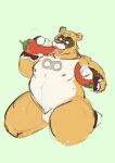  2021 anthro belly brown_body canid canine chili_pepper food fruit genshin_impact guoba_(genshin_impact) hi_res hickeybickeyboo licking male mammal moobs nipples overweight overweight_male pepper_(fruit) plant raccoon_dog simple_background solo tanuki tongue tongue_out video_games white_body 
