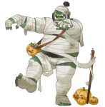  2021 absurd_res food fruit green_body halloween halloween_costume hi_res holidays humanoid humanoid_hands huynhduyad14 male mummy_costume orc overweight overweight_male plant pumpkin simple_background solo white_background 