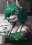  anthro apron apron_only bedroom_eyes black_sclera blush breasts canid canine canis clothing container cup dialogue dipstick_ears ear_piercing ear_ring english_text eyebrows eyelashes female fur green_apron green_eyes green_hair grin grope hair hand_on_breast hi_res i_mean_breast_milk inner_ear_fluff looking_at_viewer mammal meme mostly_nude multicolored_ears narrowed_eyes piercing ryuroo seductive sharp_teeth smile solo speech_bubble starbucks teeth text tuft wolf 