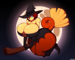  2018 5:4 anthro big_breasts breasts broom canid canine canis cleaning_tool clothing domestic_dog female hat headgear headwear hi_res huge_breasts looking_at_viewer mama_maria mammal one_eye_closed solo superix thick_thighs wink witch_costume witch_hat 