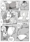  2021 ? anthro blush bulge butt clothing comic dialogue duo english_text hi_res humanoid_hands kemono lutrine male male/male mammal musclegut mustelid nipples overweight overweight_male renoky rhinocerotoid text underwear undressing 