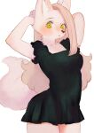  anthro black_clothing black_dress blonde_hair blush canid clothing dress ear_tuft female fluffy fluffy_tail green_eyes hair hands_behind_head looking_at_viewer mammal sasanaco simple_background solo tuft white_background 