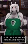  3d_(artwork) 5_fingers absurd_res anthro apron apron_only big_breasts blush boss_monster bovid breasts caprine clothing container cup curvy_figure dialogue digital_media_(artwork) english_text eyebrows eyewear female fingers floppy_ears fur glasses green_apron hi_res horn huge_breasts i_mean_breast_milk inside long_ears looking_at_viewer mammal mature_anthro mature_female meme mostly_nude nipple_slip nipples raised_eyebrow red_eyes solo starbucks text text_on_apron text_on_clothing toriel undertale undertale_(series) video_games voluptuous white_body white_fur wide_hips yamimarik1994 