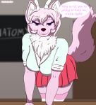  absurd_res anthro artmarshmallow bottomwear breasts canid canine cervid classroom cleavage clothed clothing dialogue digital_media_(artwork) english_text female footwear fox freckles fur hi_res hybrid legwear looking_at_viewer mammal marshmallow_fluff_(character) pattern_clothing pattern_footwear pattern_legwear pattern_socks pink_body pink_fur school shaded skirt socks solo stockings striped_clothing striped_footwear striped_socks stripes talking_to_viewer text 
