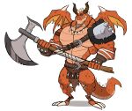  absurd_res anthro arm_wraps axe belt bottomwear claws clothing darknaigart dragon fingerless_gloves gloves handwear hi_res horn jewelry loincloth male melee_weapon muscular muscular_anthro muscular_male necklace orange_body scalie simple_background solo standing weapon white_background wings wraps 