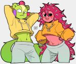 anthro blush breasts candy clothing dessert duo ev_htf_(artist) female flaky_(htf) food fur green_body green_fur happy_tree_friends hi_res hoodie looking_at_viewer male mammal midriff nutty_(htf) open_mouth porcupine red_body red_fur rodent sciurid simple_background smile standing topwear tree_squirrel under_boob 