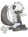  3:4 animated anthro diaper embarrassed feces filth filthy hi_res male mammal mephitid scat sesamima simple_background skunk solo text white_diaper 