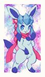  3_toes 4_fingers ambiguous_gender anthro blue_body blue_eyes blue_hair blush blush_lines bow_ribbon eeveelution extyrannomon_(artist) featureless_crotch feet fingers glaceon hair hi_res looking_at_viewer nintendo open_mouth pok&eacute;mon pok&eacute;mon_(species) scarf simple_background solo toes video_games 