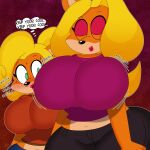  1:1 2021 3barts absurd_res activision anthro bandicoot big_breasts big_butt blonde_hair blush bodily_fluids bouncing_breasts breast_jiggle breasts butt clothing coco_bandicoot crash_bandicoot_(series) crop_top curvy_figure digital_media_(artwork) duo english_text eyelashes eyes_closed eyeshadow female fingers fur green_eyes hair hi_res hourglass_figure huge_breasts huge_butt larger_female lips long_hair makeup mammal marsupial midriff multicolored_body multicolored_fur navel orange_body orange_fur ponytail shirt simple_background size_difference smaller_female smile standing sweat tan_body tan_fur tawna_bandicoot text thought_bubble tongue topwear video_games voluptuous wide_hips 