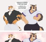  absurd_res anthro biceps blush canid canine canis clothing domestic_dog duo english_text felid fur hi_res humor lifewonders live-a-hero male male/male mammal muscular muscular_anthro muscular_male pantherine pecs polo_shirt pubraseer ripped-saurian ryekie_(live-a-hero) shirt striped_body striped_fur stripes text tiger topwear video_games 