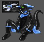  anthro anus blue_body butt clothed clothing dragon dronesuit hacony hi_res hypnosis latex_clothing male mind_control null_bulge rubber rubber_clothing rubber_suit solo white_body 