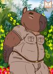  2021 anthro belly bottomwear brown_body capybara caviid clothing detailed_background eyes_closed flower hi_res humanoid_hands male mammal outside overweight overweight_male pants plant red_panda_mirr rodent shirt solo topwear 