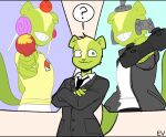  ? anthro black_tie_(suit) candy canid canine clothing controller dessert ev_htf_(artist) food fur game_controller green_body green_fur grin happy_tree_friends holding_object lollipop looking_at_viewer male mammal necktie nutty_(htf) rodent sciurid smile solo suit tree_squirrel video_games 