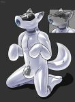  anthro canid canine canis clothed clothing dronesuit fur grey_body grey_fur hacony hi_res kneeling latex_clothing male mammal null_bulge red_eyes rubber rubber_clothing rubber_suit solo white_body white_fur wolf 