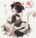  &lt;3 2021 anthro bedroom_eyes big_breasts big_butt biped black_body black_fur bovid bovine bra breasts brown_hair butt cattle clothing ear_piercing ear_ring female fur hair heart_after_text heart_reaction horn looking_at_viewer looking_back mammal narrowed_eyes nikuq_owata on_ground panties pictographics piercing rear_view seductive short_hair simple_background sitting smile solo speech_bubble tail_tuft text_with_heart tuft underwear white_background white_body white_fur 