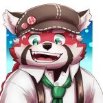  1:1 2021 absurd_res ailurid anthro biped black_body black_nose blush clothing hat headgear headwear hi_res kemono lifewonders mammal necktie portrait red_body red_panda shirt solo suspenders tokyo_afterschool_summoners topwear video_games watoson white_body zhurong_(tas) 