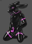  anthro chastity_bulge chastity_device clothed clothing dronesuit groping_bulge groping_self hacony hi_res kneeling lagomorph latex_clothing leporid male mammal null_bulge rabbit rubber rubber_clothing rubber_suit solo tight_clothing 