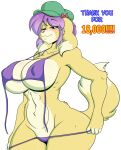  anthro big_breasts big_ears bikini bodily_fluids breasts canid canine canis clothing domestic_dog english_text eye_through_hair eyebrow_through_hair eyebrows female fur hair hat headgear headwear hi_res looking_down mammal nipple_outline number purple_eyes purple_hair raised_tail rook_(skidd) short_hair simple_background skidd solo standing striptease sweat swimwear teasing text translucent translucent_hair undressing untied untied_bikini white_background yellow_body yellow_fur 