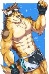  abs anthro barrel_(live-a-hero) bottomwear bulge canid canine canis clothing eyewear fingerless_gloves gloves goggles handwear hi_res hiei_w hip_window lifewonders live-a-hero male mammal muscular muscular_anthro muscular_male navel nipples pecs shorts solo swimwear video_games water wolf 