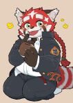  2021 absurd_res ailurid anthro belly blush bottomwear brown_nose clothing cute_fangs food fur hi_res humanoid_hands kemono lifewonders male mammal nunutaro3 overweight overweight_anthro overweight_male pants red_body red_fur red_panda shirt simple_background sitting solo tokyo_afterschool_summoners topwear video_games white_body white_fur zhurong_(tas) 