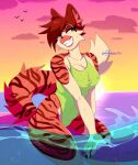  anthro clothing cloud felid feline female hi_res mammal nipple_outline nipple_piercing nipples one-piece_swimsuit partially_submerged piercing pool_noodle sky smile solo sunset swimwear tokiie 