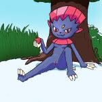  1:1 anthro apple arm_support bent_leg blue_body blush breasts claws cute_fangs featureless_breasts female food genitals glistening glistening_body grass hi_res holding_food holding_object looking_at_viewer neatnick nintendo nude outside plant pok&eacute;mon pok&eacute;mon_(species) pussy red_eyes sitting sky small_breasts snow solo tall_grass tree video_games weavile 
