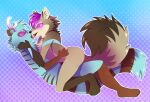  ambiguous_gender anthro canid canine canis cervid duo hair hi_res horn hybrid hypnosis hypnotic_eyes japanese_wolf kissing mammal mind_control pattern_background procyonid purple_eyes purple_hair raccoon scorbunny_(artist) simple_background wolf 