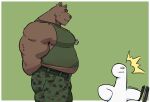  anthro belly bottomware bottomwear brown_body brown_fur camo camo_bottomwear camo_clothing camo_pants camo_print clothed clothing dog_tags duo dynogreeno fur green_clothing green_shirt green_tank_top green_topwear hands_behind_back hi_res male mammal overweight overweight_male pants pattern_bottomwear pattern_clothing pattern_pants shirt tank_top topwear ursid 