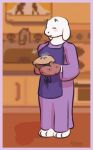  anthro appliance apron big_ears big_feet blush border bovid caprine clothing deltarune dessert eyes_closed feet female food fur goat gown handwear happy holding_object horn kitchen_appliance mammal oven oven_mitts paws pie psfunny purple_border sink slight_smile slightly_chubby smile solo standing steam stove_burner toriel undertale undertale_(series) video_games white_body white_fur 