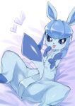  &lt;3 ambiguous_gender blue_eyes blue_sclera blush eeveelution feral glaceon hi_res leg_markings lying markings nintendo on_back paws pok&eacute;mon pok&eacute;mon_(species) socks_(marking) spread_legs spreading tongue translucent_tail video_games youki029 