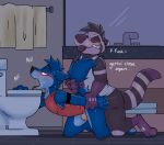  anal anal_penetration anthro anthro_on_anthro anthro_penetrated anthro_penetrating anthro_penetrating_anthro bathroom blue_body blue_fur blue_tail blush bodily_fluids bottomless bulge canid canine canis clenched_teeth clothed clothing cum cum_leaking cum_on_face cum_through_clothing cum_through_underwear dialogue doggystyle duo ears_back ejaculation english_text from_behind_position fur genital_fluids genitals half-erect hands-free hi_res imminent_orgasm interspecies kneeling lutrine male male/male male_penetrated male_penetrating male_penetrating_male mammal markings mirror moan mustelid on_ground open_mouth penetration penis pink_tongue pivoted_ears precum precum_through_clothing precum_through_underwear profanity ring_(marking) ringtail robbie_(rotten_robbie) rotten_robbie sex speech_bubble submissive submissive_male tail_grab tail_markings teeth text toilet tongue tongue_out towel underwear voodoo_(badjuju) wet wet_clothing wet_underwear wolf wrist_grab 