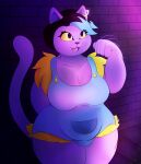  absurd_res anthro belly big_breasts breasts catty_(undertale) chillyspicky cleavage clothed clothing domestic_cat ear_piercing ear_ring fangs felid feline felis female fur hi_res mammal night open_mouth open_smile overweight overweight_anthro overweight_female piercing purple_body purple_fur smile solo thick_thighs undertale undertale_(series) video_games wide_hips 