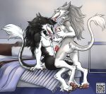  anthro balls bedroom bersek black_body black_fur blue_eyes breasts claws duo erection female foreplay fur genitals grey_body grey_fur hair male male/female naughty_smile nipples nude open_mouth penis pillow pussy sergal sex simple_background smile tausen_lion white_body white_fur 