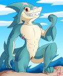  andromorph anthro brawlhalla claws detailed_background fin fish genitals hi_res intersex lechugansfw looking_at_viewer mako_(brawlhalla) marine muscular muscular_intersex outside pose pussy scar sea shark sharp_teeth signature sky smile solo teeth water 